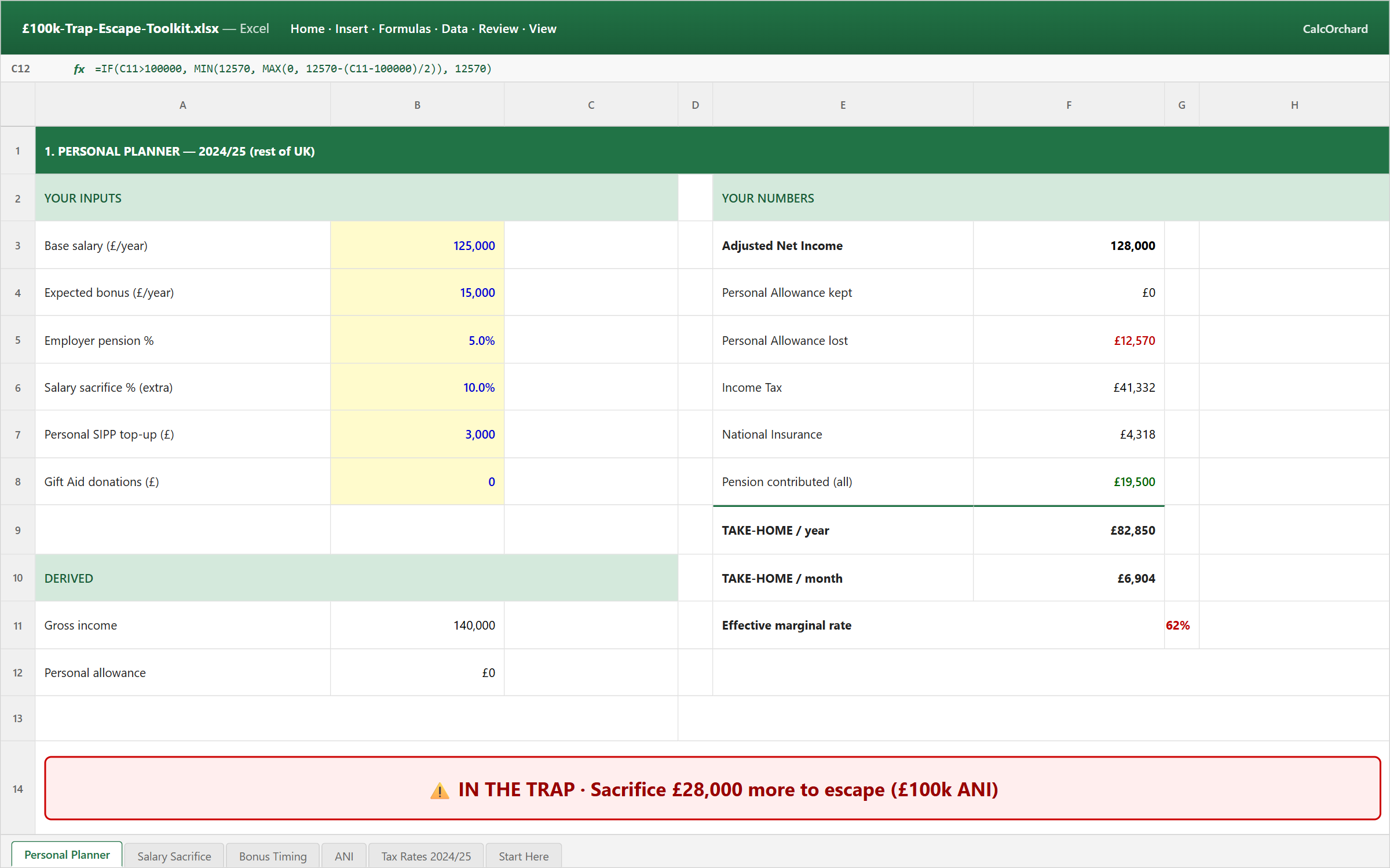 Screenshot: Personal Planner sheet showing salary, bonus, pension inputs and derived take-home, marginal rate, and IN THE TRAP verdict.