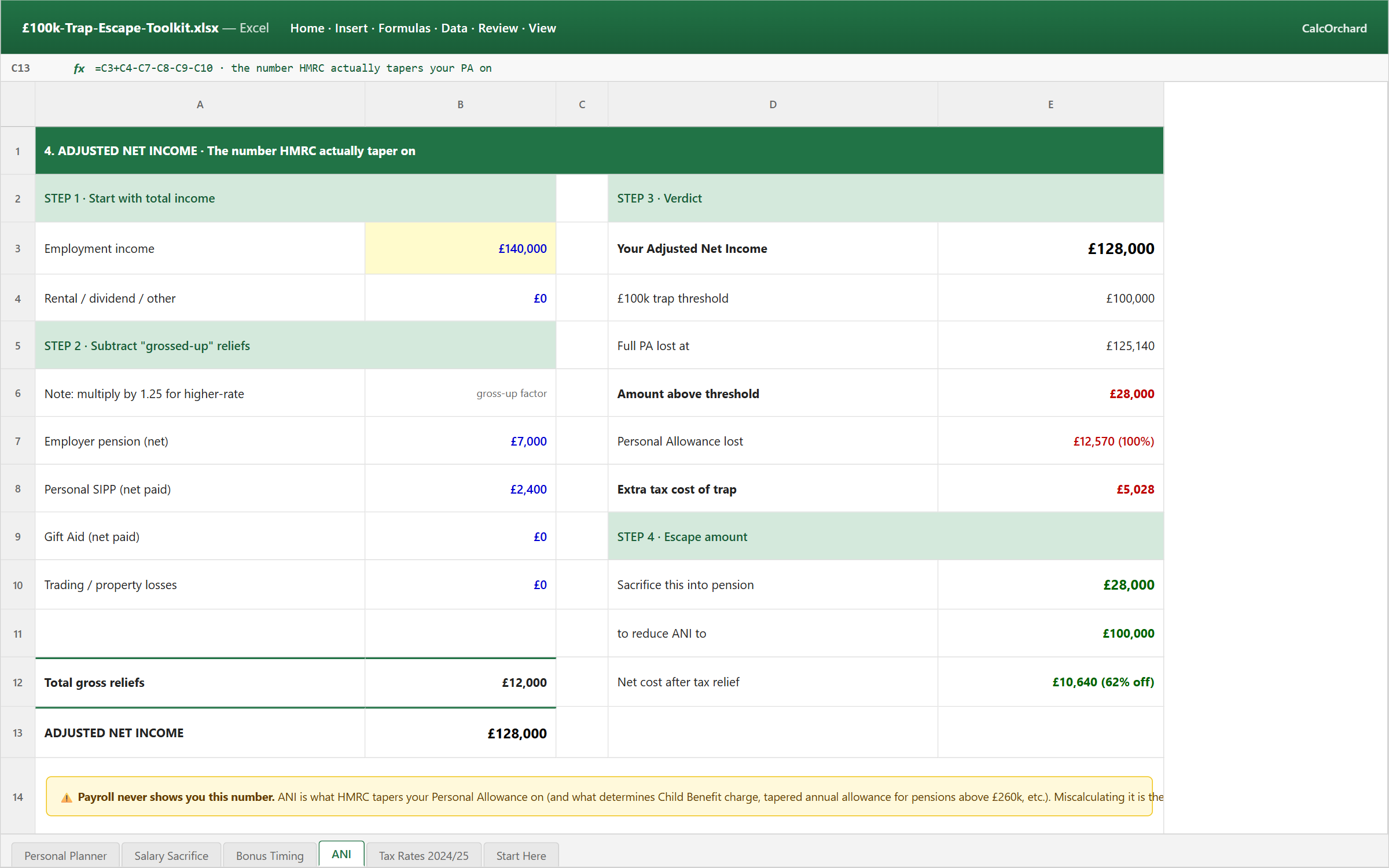 Screenshot: Adjusted Net Income Calculator showing employment income, reliefs, ANI, threshold, and escape amount.