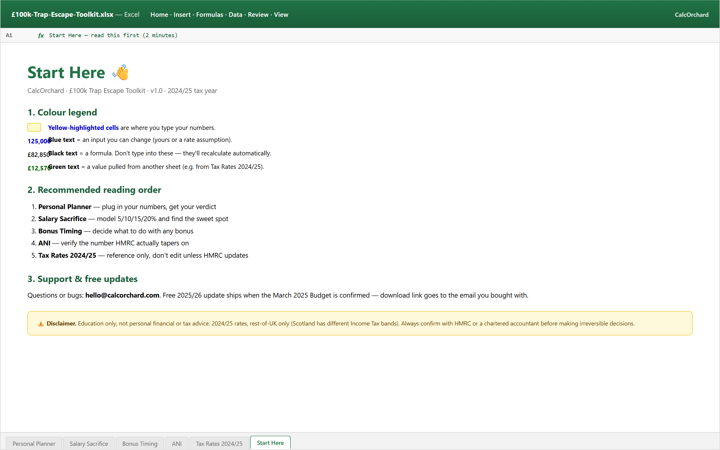 Screenshot: Start Here sheet showing colour legend, reading order, and support info.
