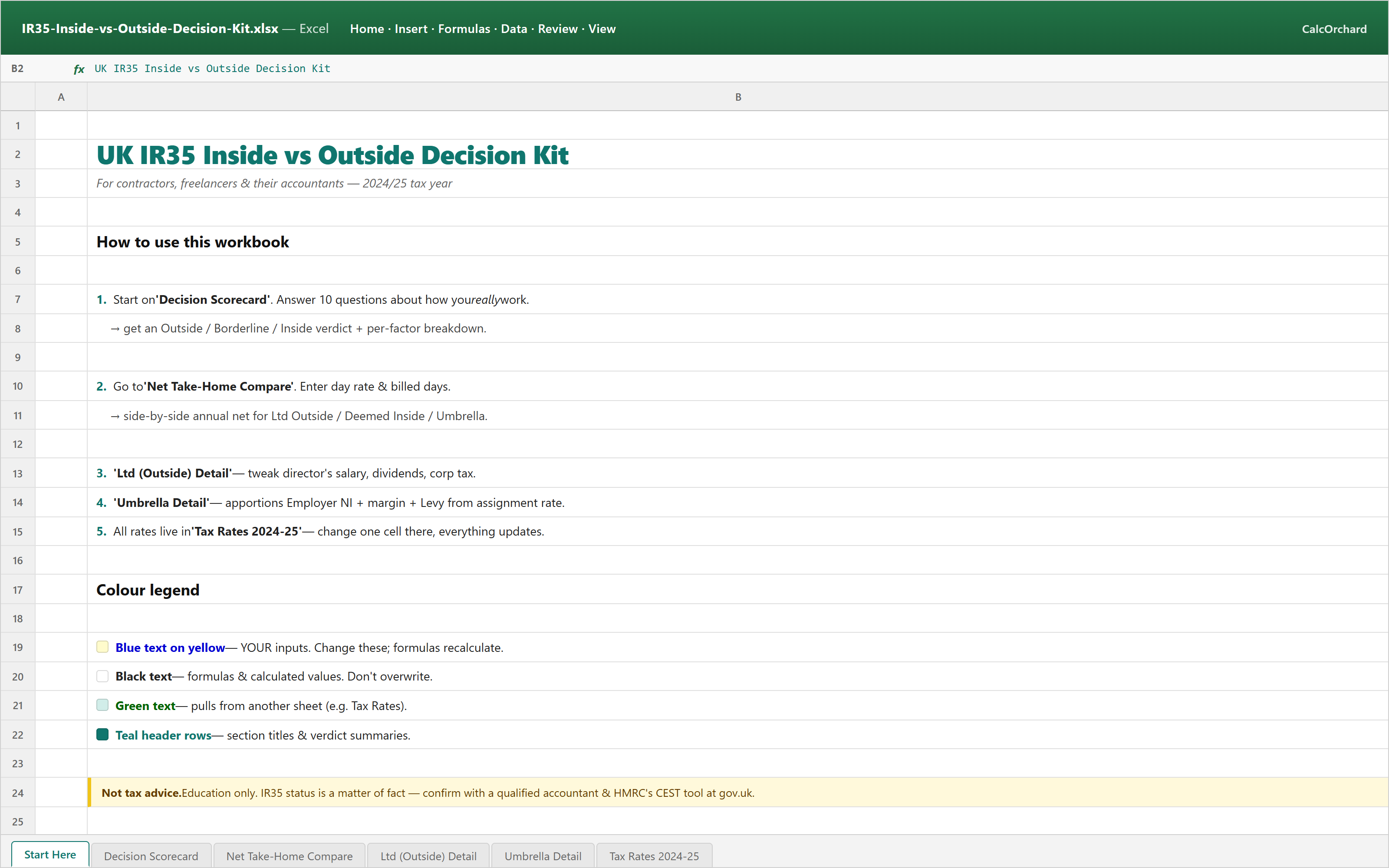 Screenshot: Start Here sheet showing colour legend (blue inputs, black formulas, green cross-sheet), reading order, and disclaimer.
